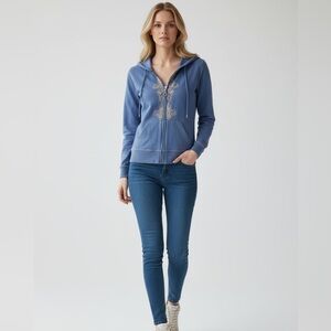 Oleg Cassini 100% Cotton Sport Blue Embroidered Zip-Up Hoodie